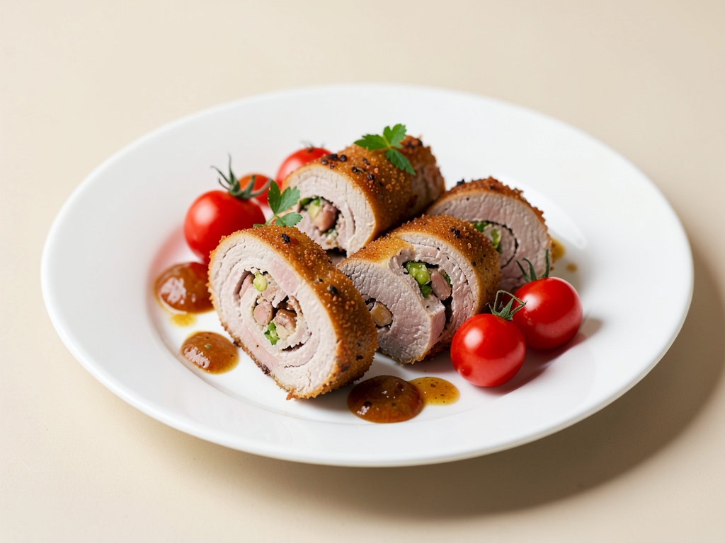 Rotolini di vitello ripieni con contorno di pomodori