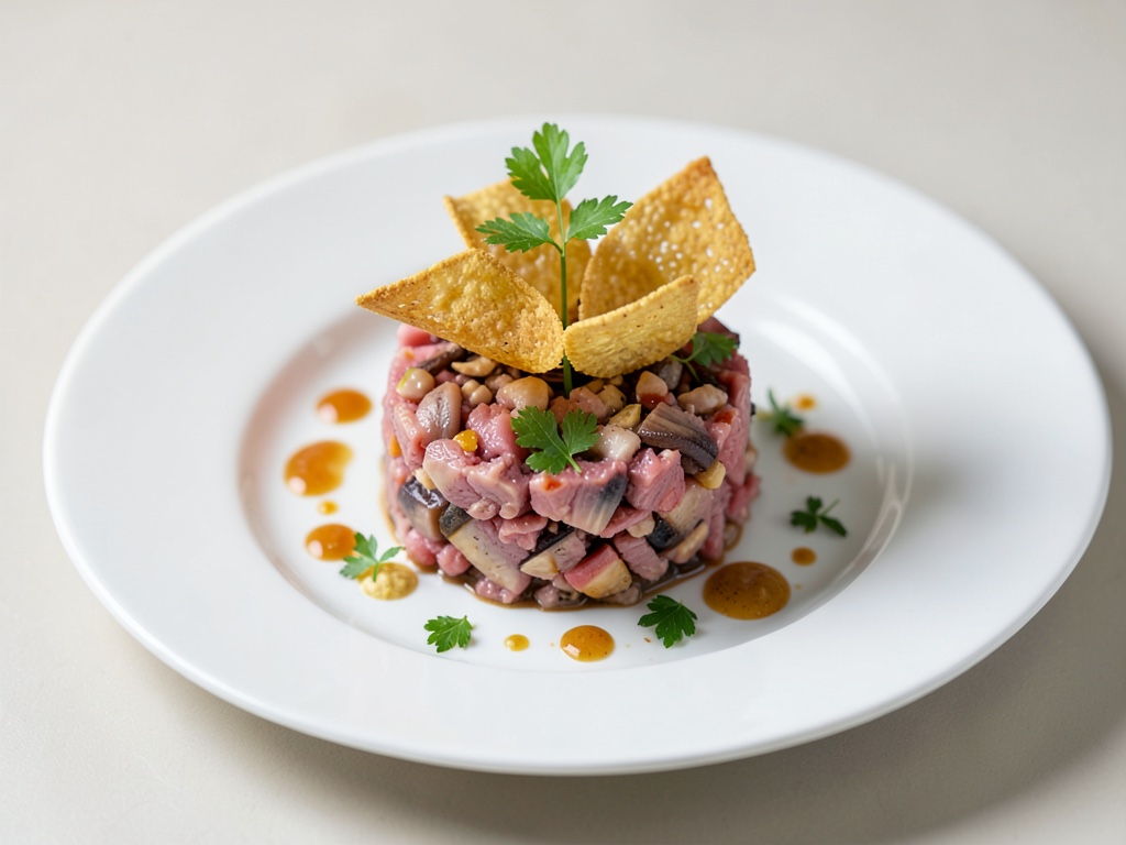 Tartare di vitello con chips di formaggio croccanti e coda di rospo