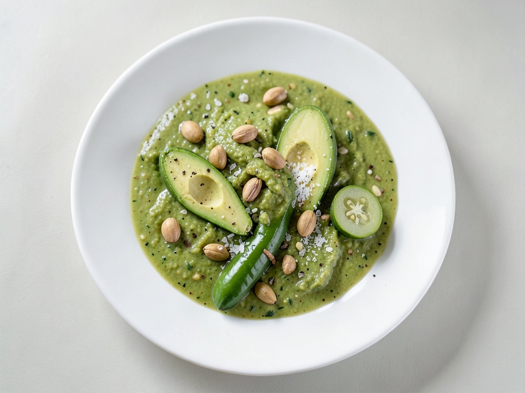 Sopa fría refrescante de aguacate y pepino con pistachos