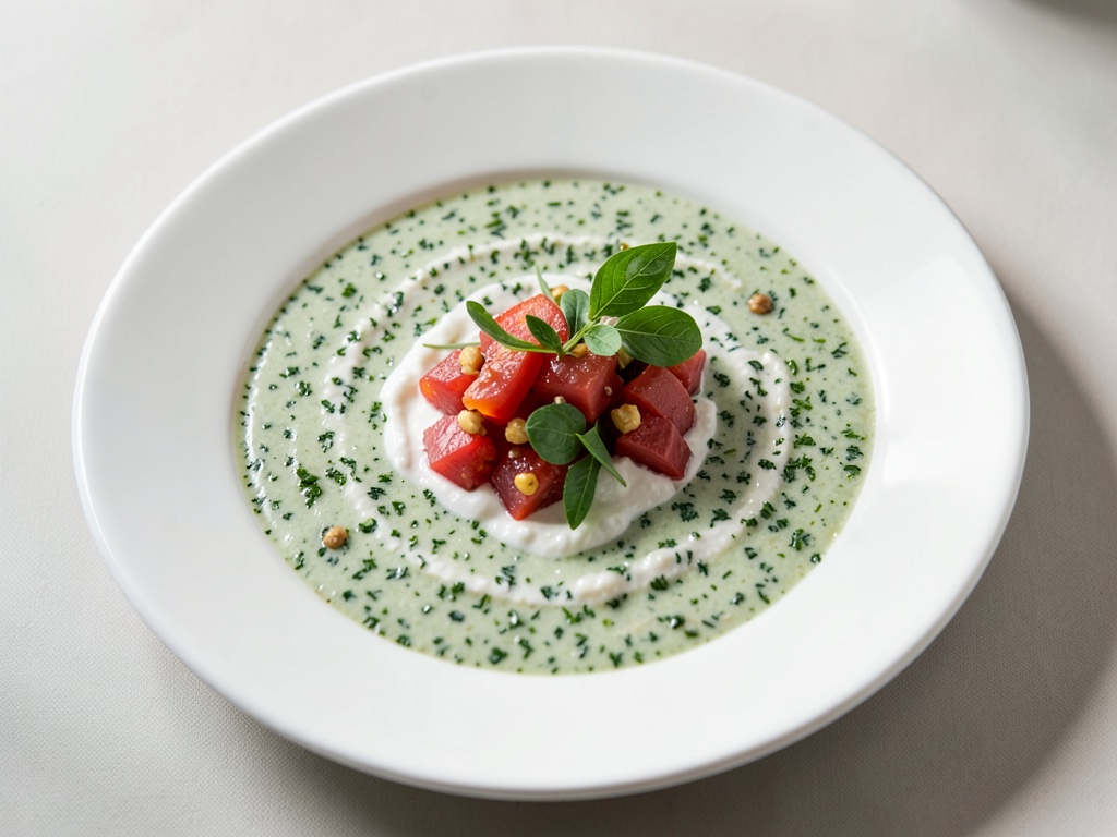 Sopa fría refrescante de leche agria con albahaca y tártaro de tomate