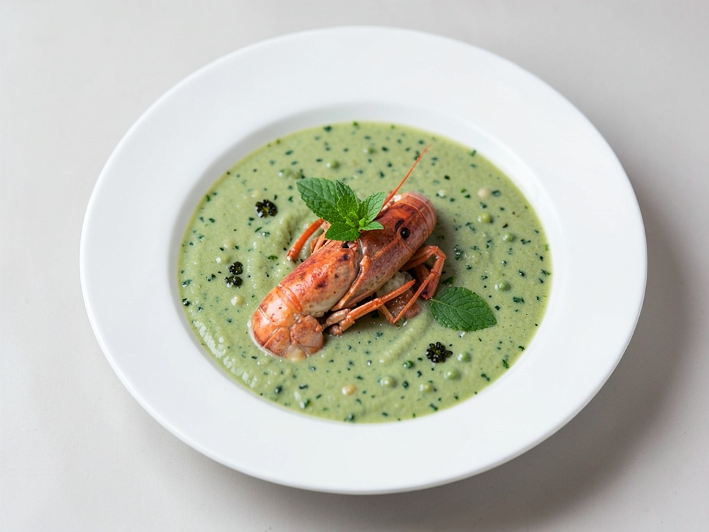 Rinfrescante zuppa fredda di piselli e menta con gamberi di fiume
