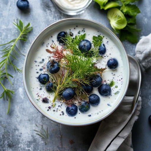 Sopa fría refrescante de pepino y yogur con arándanos