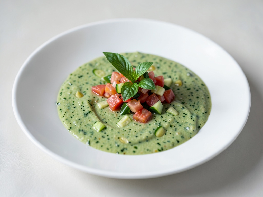 Soupe froide rafraîchissante au concombre et à la courgette au basilic et salsa de tomates