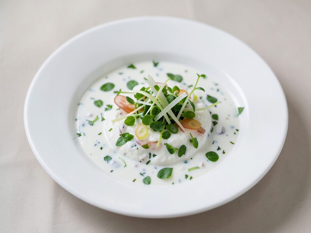 Soupe froide rafraîchissante au yaourt avec ciboulette et germes