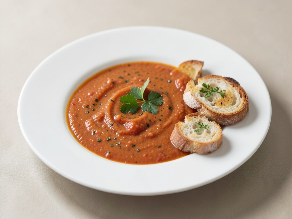 Soupe froide rafraîchissante à la patate douce et à la tomate avec crostini