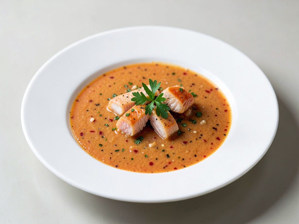 Zuppa fredda di pomodori e peperoni con bocconcini di salmone