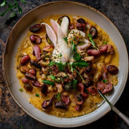 Rotelle di coniglio su risotto allo zafferano con fagioli e pancetta