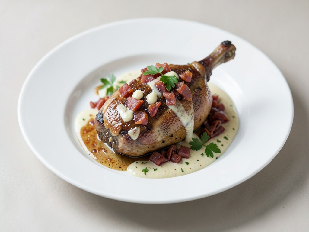 Coniglio al forno con pancetta croccante e salsa all'aglio