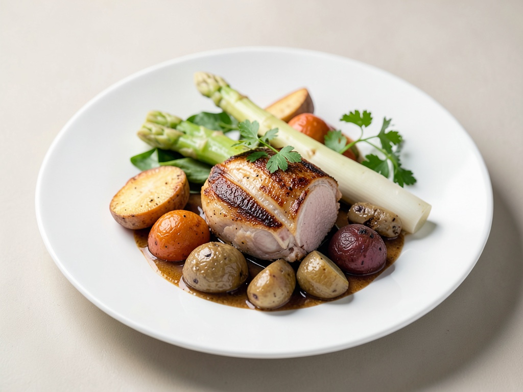 Filetto di coniglio con asparagi bianchi e verdure radice