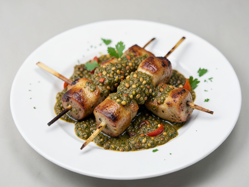 Brochetas de conejo marinadas con pesto de semillas de calabaza