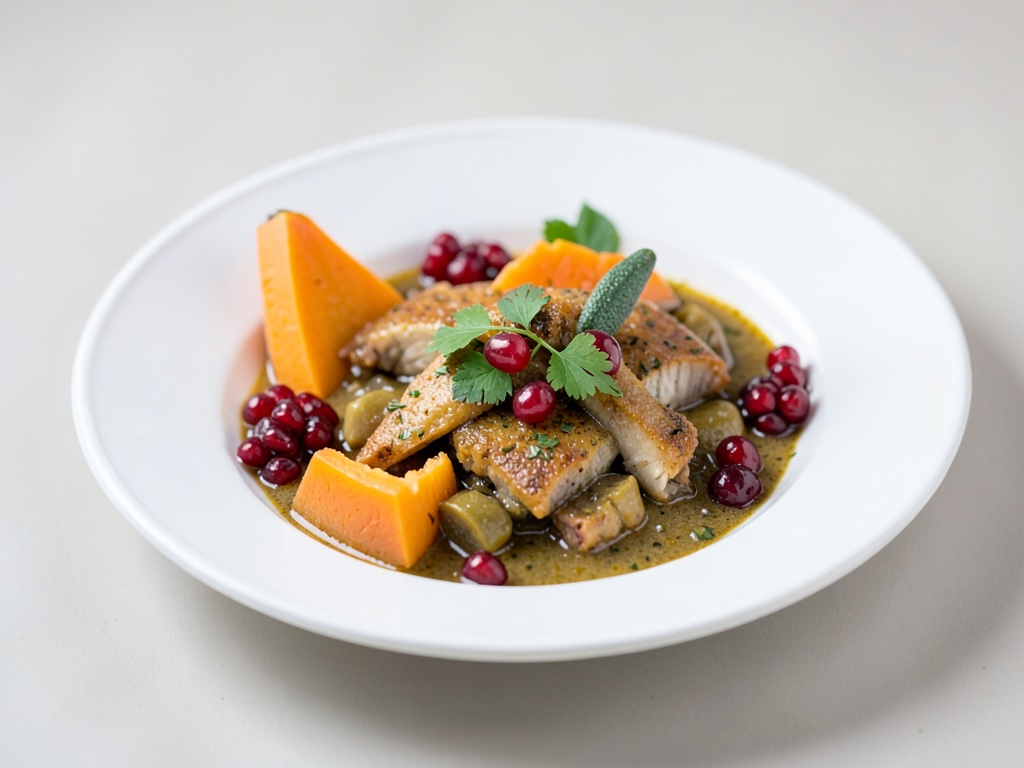 Zuppa di pesce caraibica con papaya e melograno