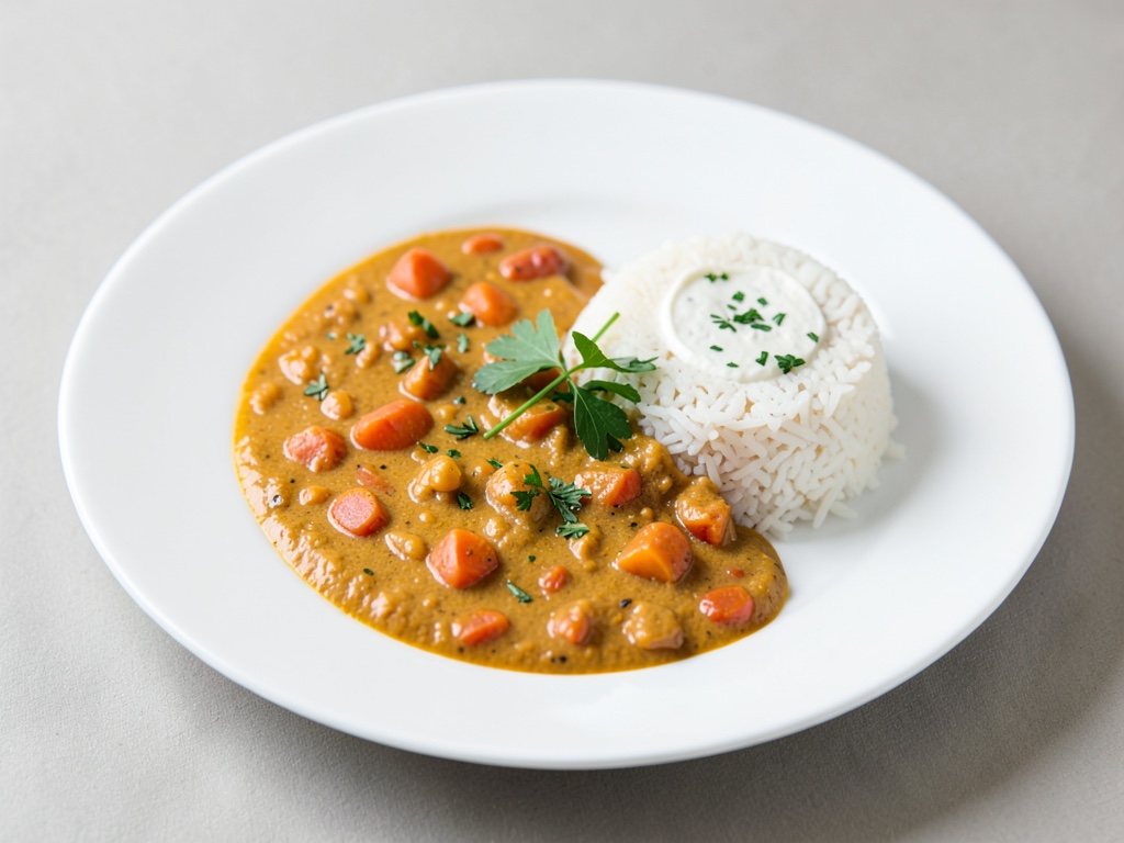 Curry cremoso alle carote con riso e dip allo quark