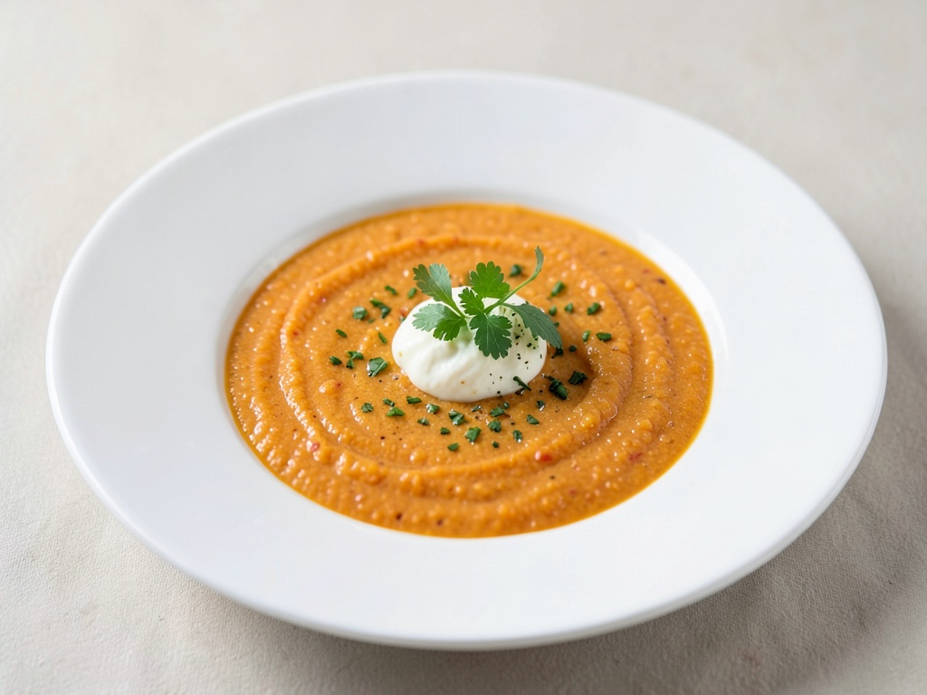 Sopa cremosa de zanahoria y naranja con un toque picante de rábano picante