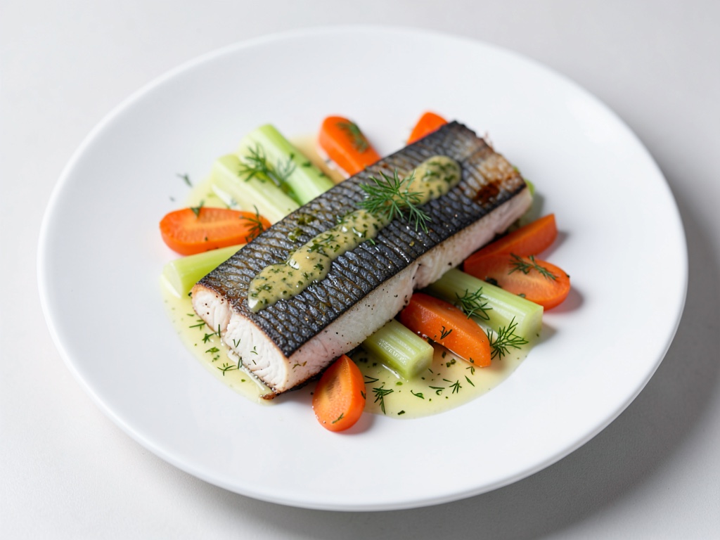 Carpe bleue aux légumes de carottes et céleri-rave et sauce à l'aneth