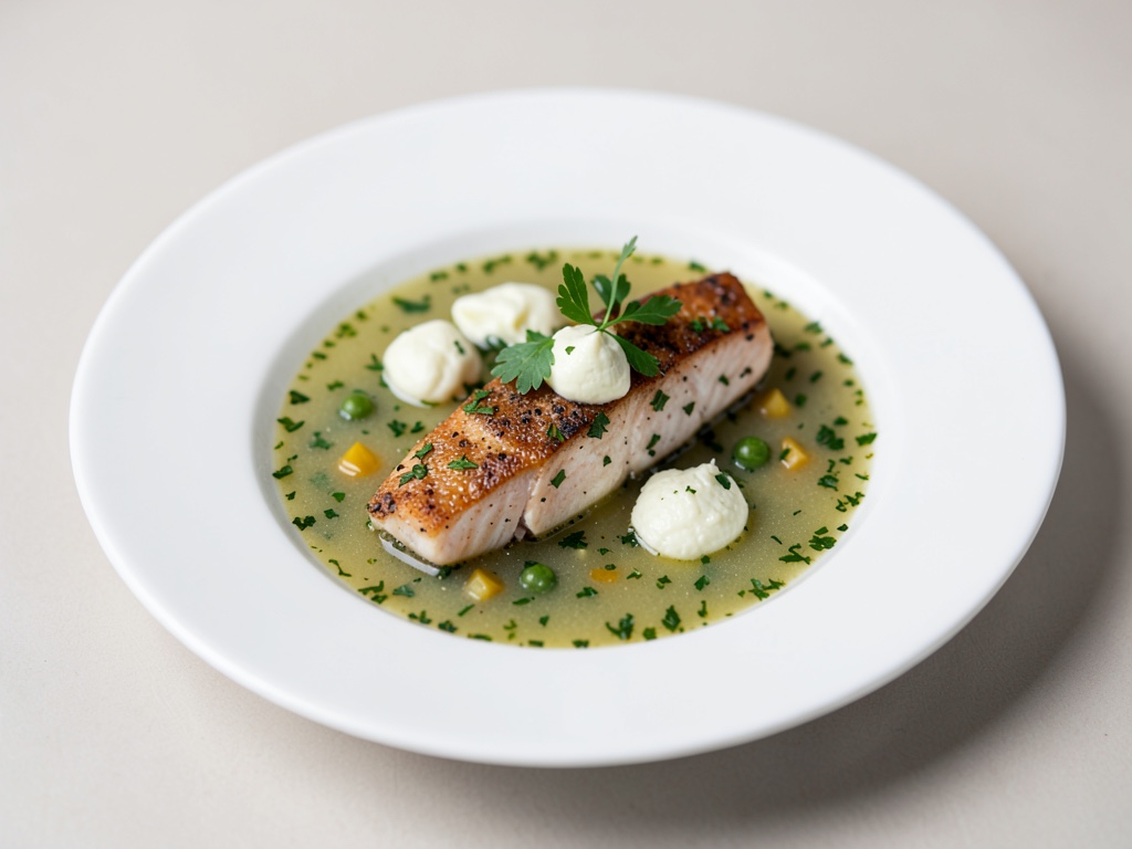 Filetti di carpa in brodo di verdure ed erbe con crema al rafano fresco