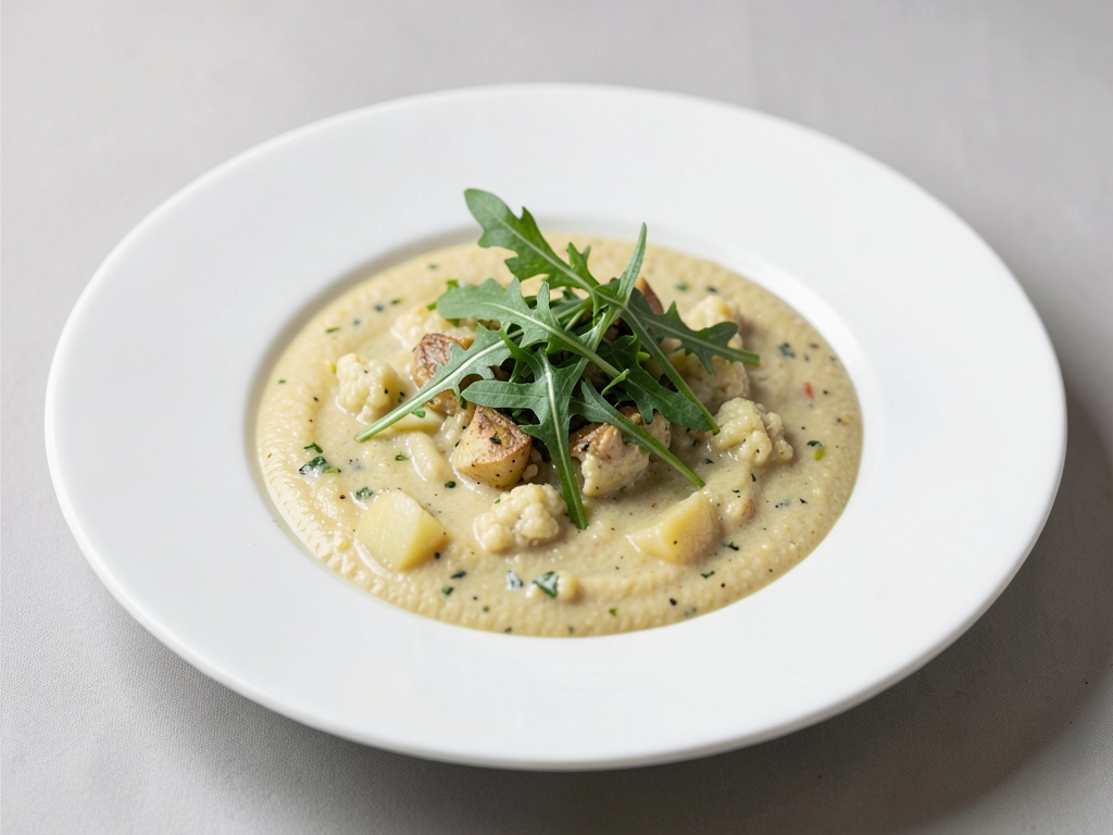 Sopa cremosa de patata y coliflor con rúcula