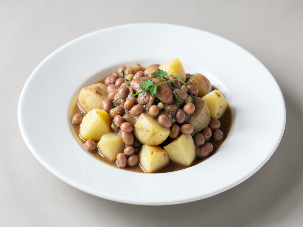 Estofado sabroso con patatas, judías y cabanossi