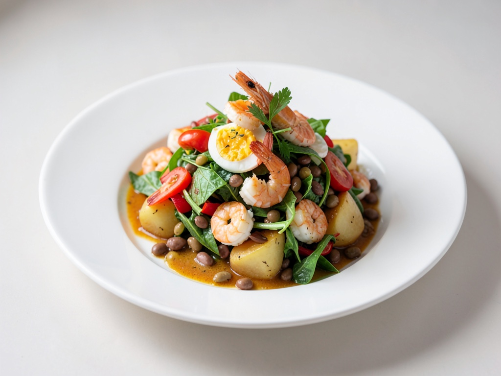 Insalata colorata con patate, fagioli, gamberi e uova