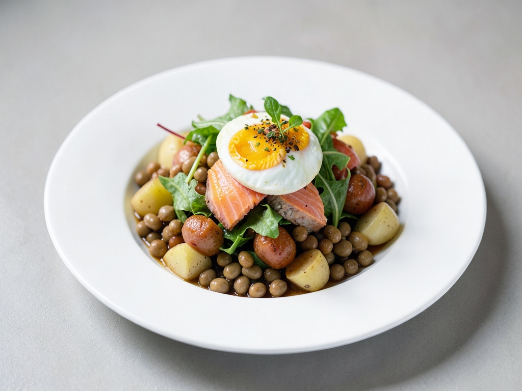 Insalata autunnale con patate, fagioli, salmone e uova