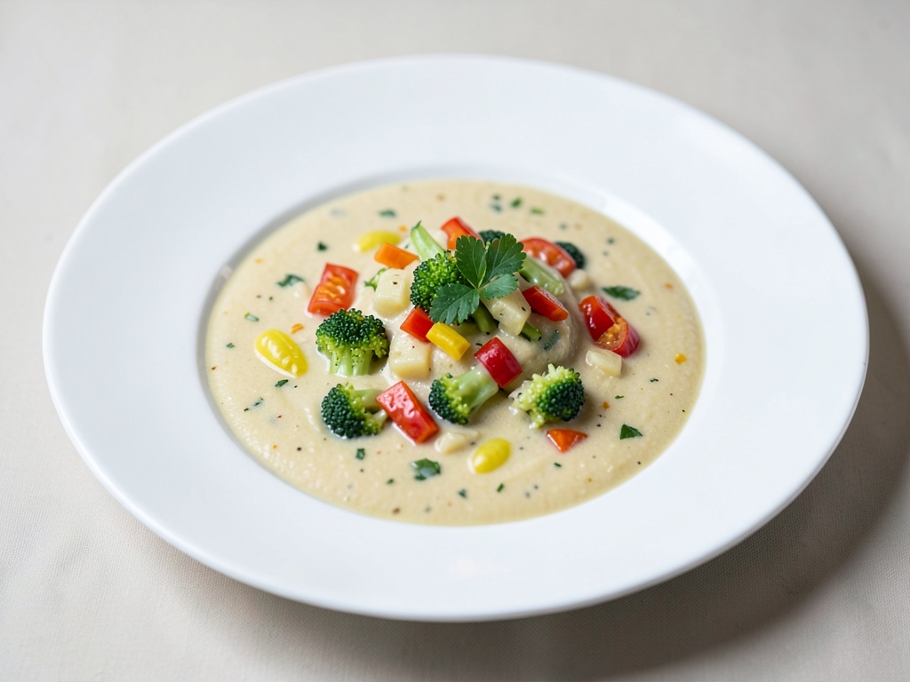 Sopa cremosa de patata y brócoli con pimiento
