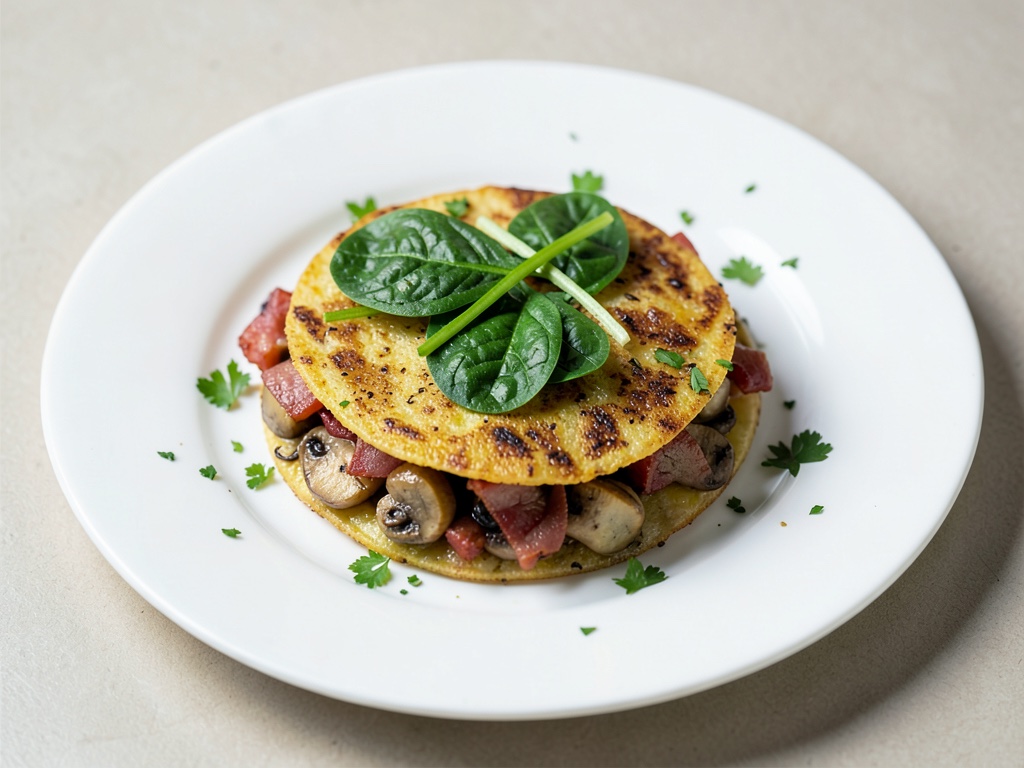 Tortilla croccante di patate e funghi champignon con spinaci e pancetta