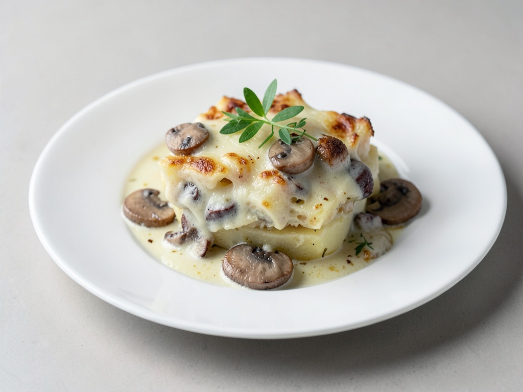 Gratin cremoso di patate, cipolle e funghi champignon