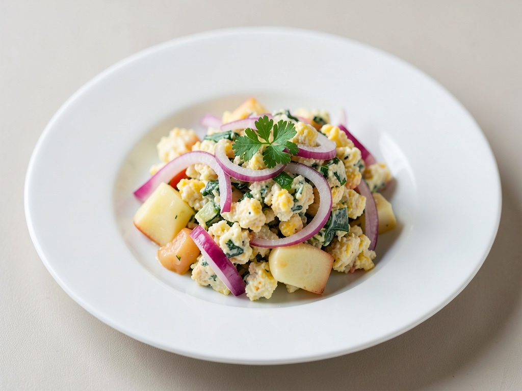 Insalata classica di patate e uova con cipolle rosse