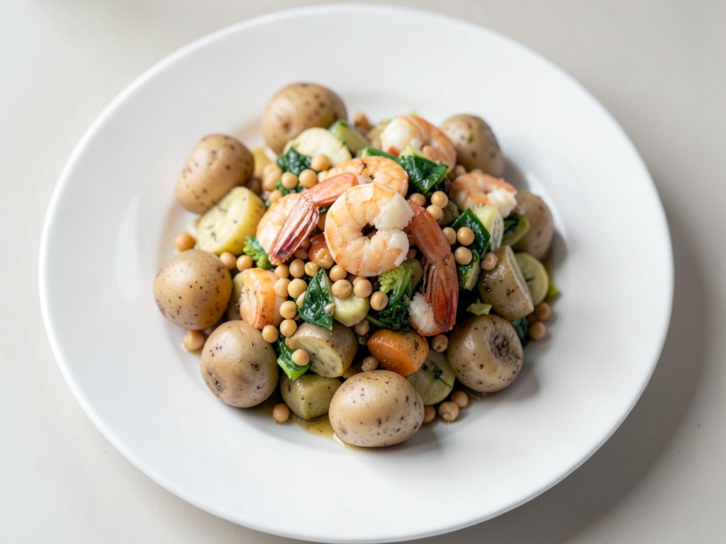 Klassischer Kartoffel-Erbsen-Salat mit Garnelen