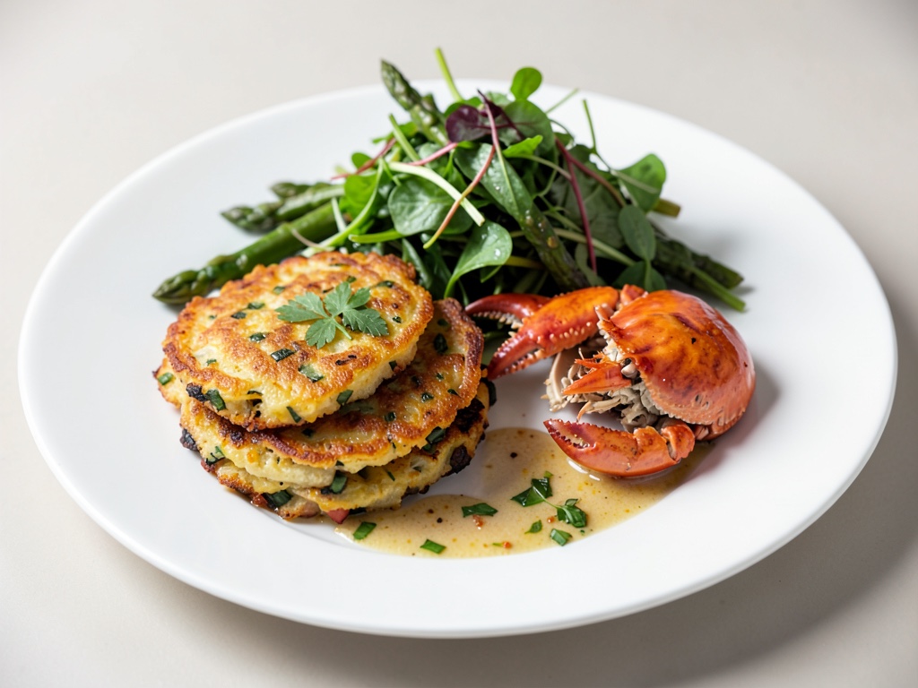 Crocche croccanti di patate e verdure con insalata di asparagi e granchio