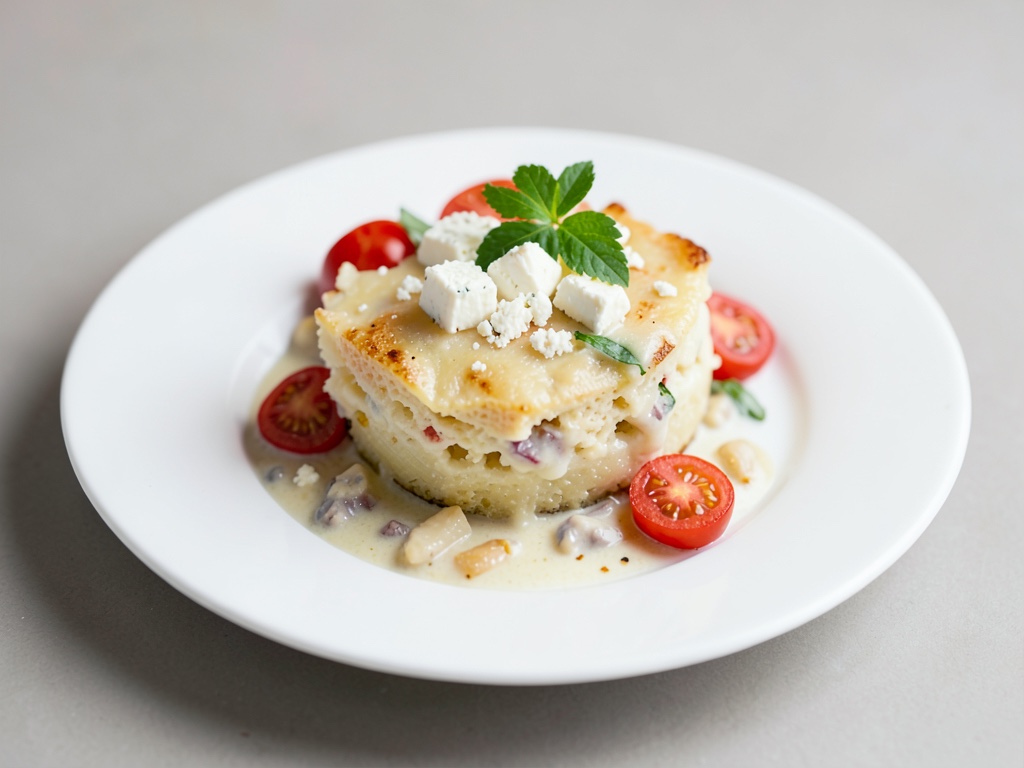Gratin di patate cremoso con formaggio di capra e pomodori