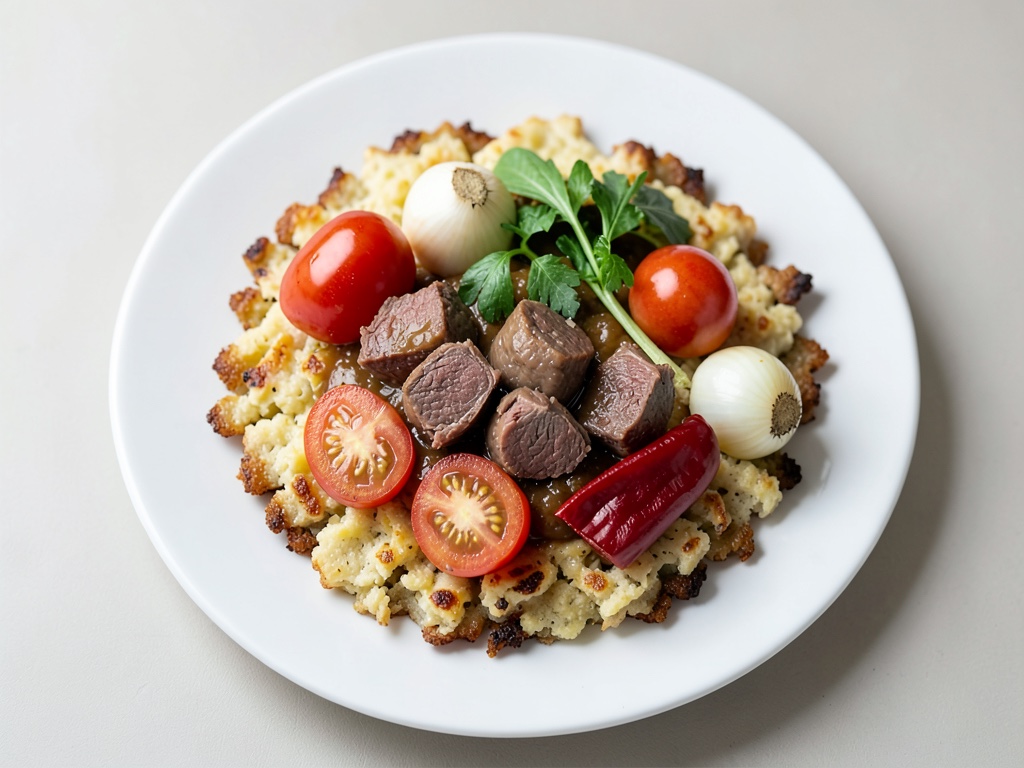 Gratin di patate e carne macinata con cavolo riccio e gulasch di manzo