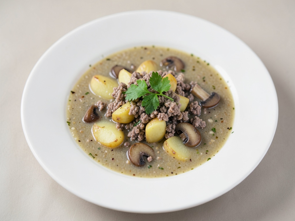 Sopa salada de patatas y carne picada con setas