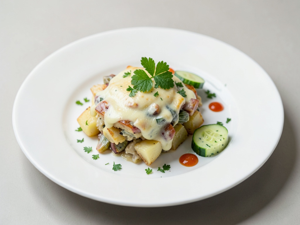 Cremoso gratin di patate e cavolo rapa con fresco condimento di cetriolo