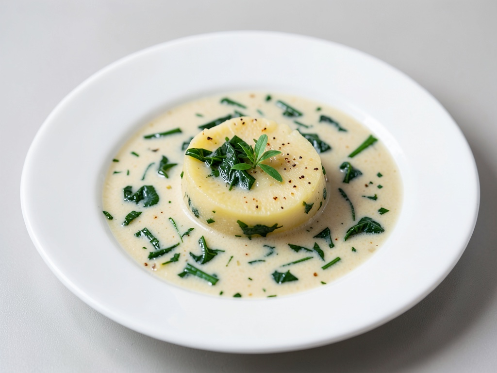 Sopa cremosa de patata y espinaca con hierbas