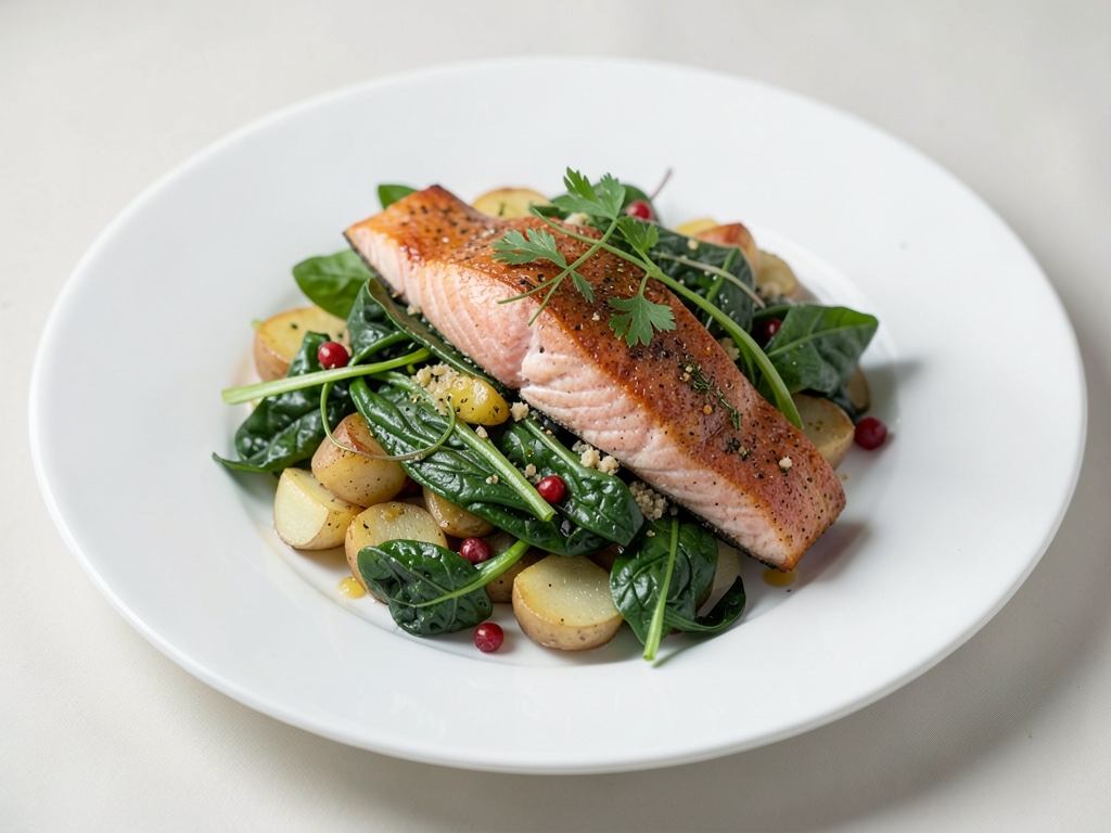 Insalata tiepida di patate, spinaci e salmone