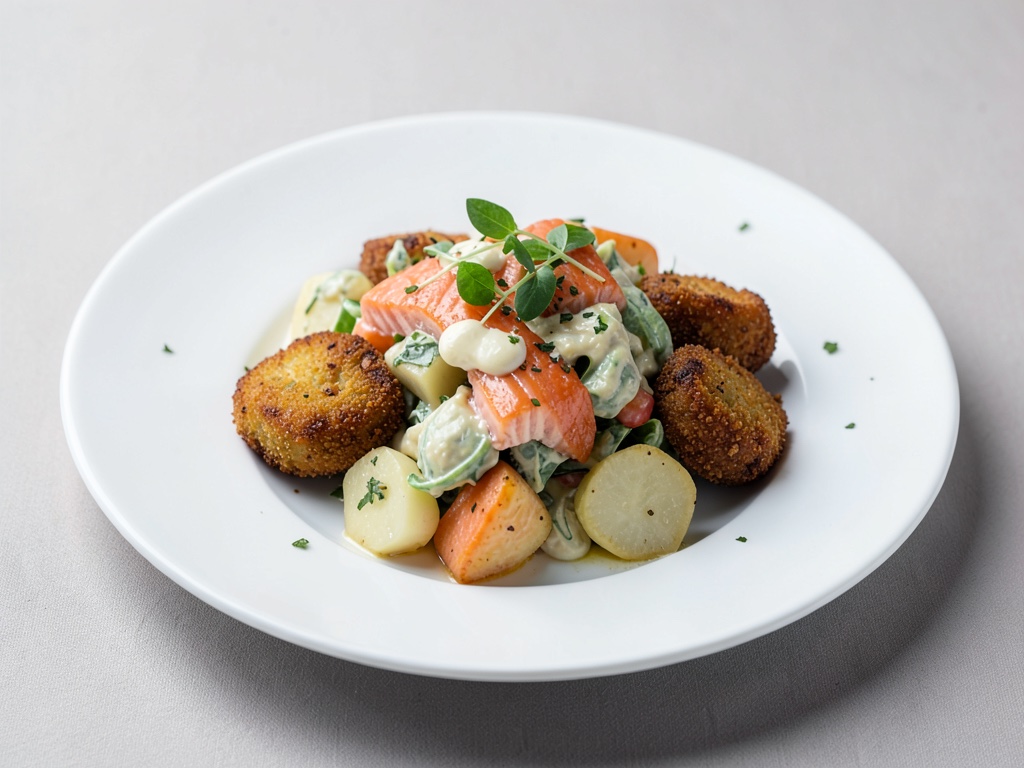 Insalata di salmone e patate con frittelle di asparago bianco