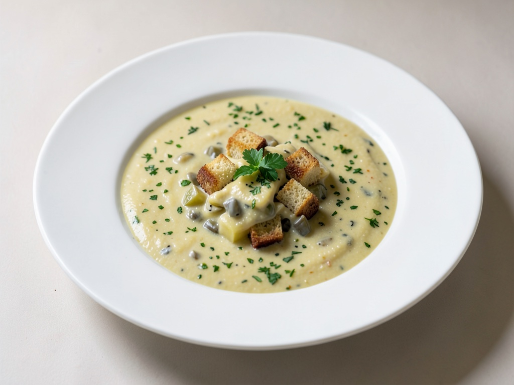 Zuppa cremosa di patate e porri con crostini