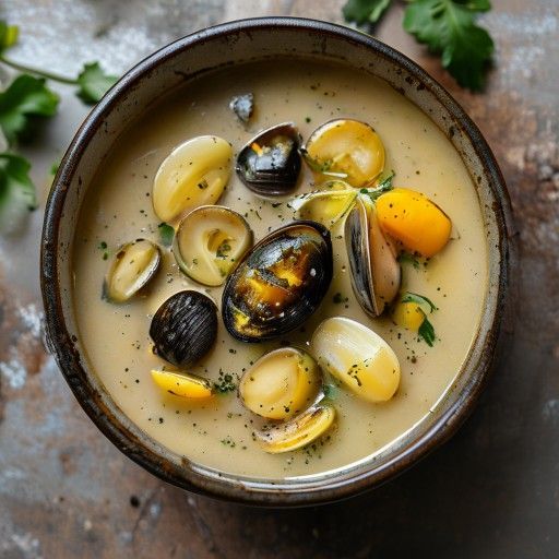 Sopa de mejillones y patatas sabrosa