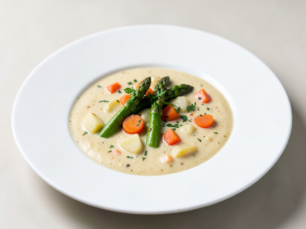 Sopa cremosa de patata y zanahoria con espárragos