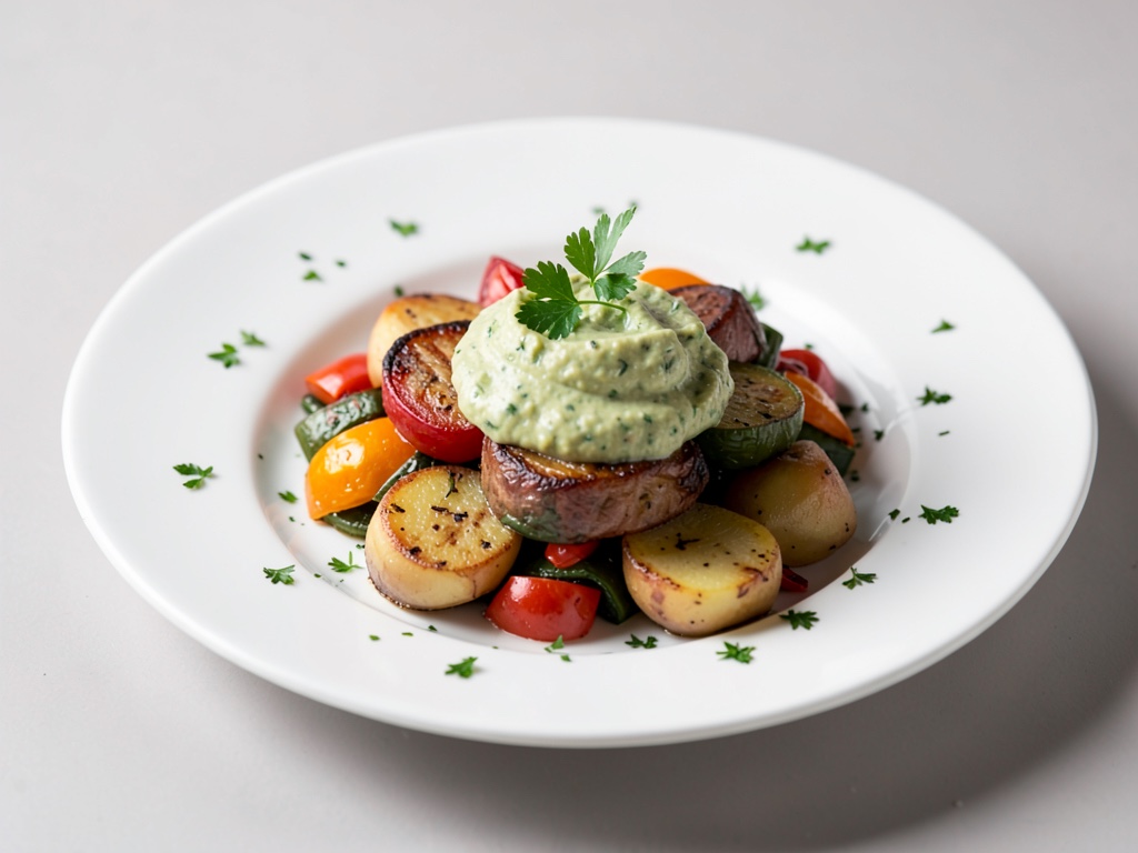 Verdure al forno con patate e crema di avocado e quark