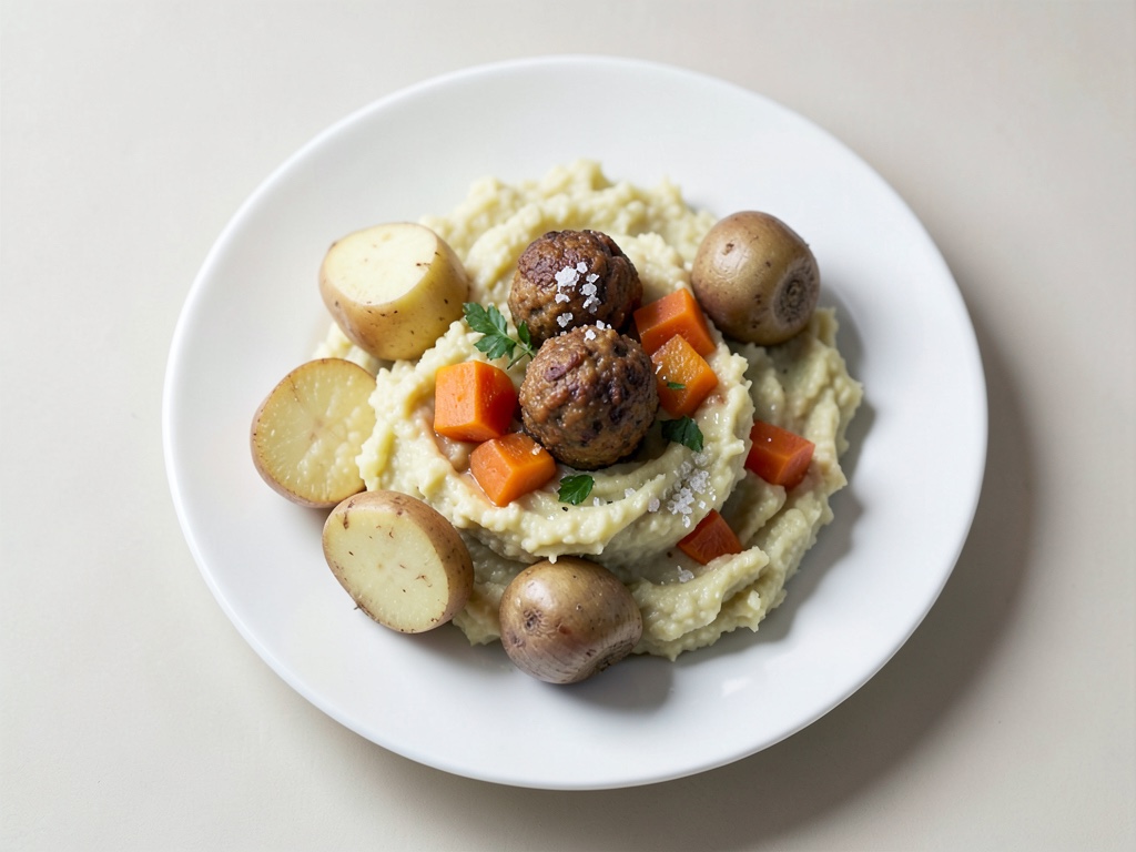 Purè cremoso di patate e pastinaca con polpette di carne macinata e carote fritte