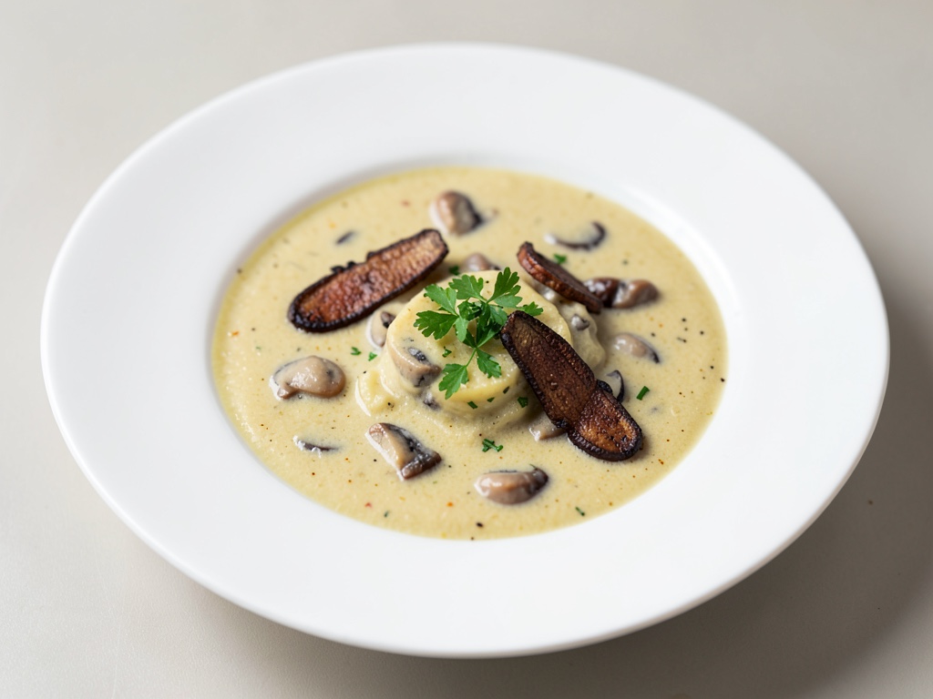 Zuppa cremosa di patate e funghi con porcini croccanti