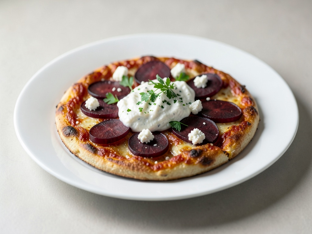 Pizza di patate con barbabietola, feta e dip di quark