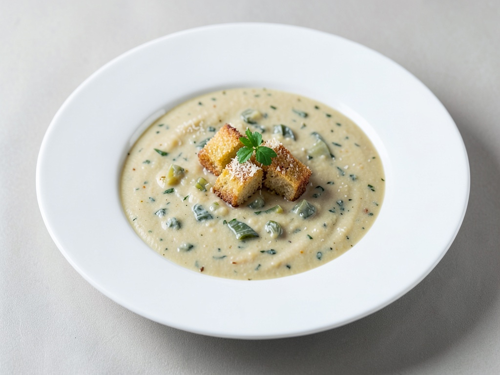 Sopa cremosa de patata y puerro con crutones crujientes de parmesano