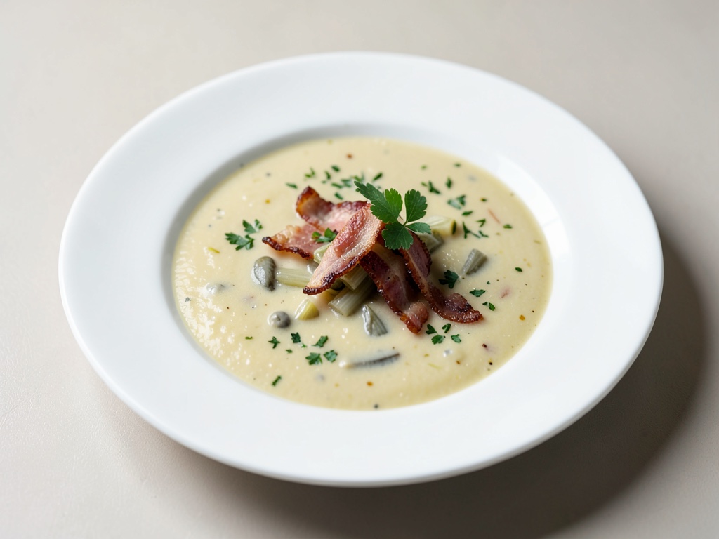 Sopa cremosa de patata y puerro con bacon crujiente