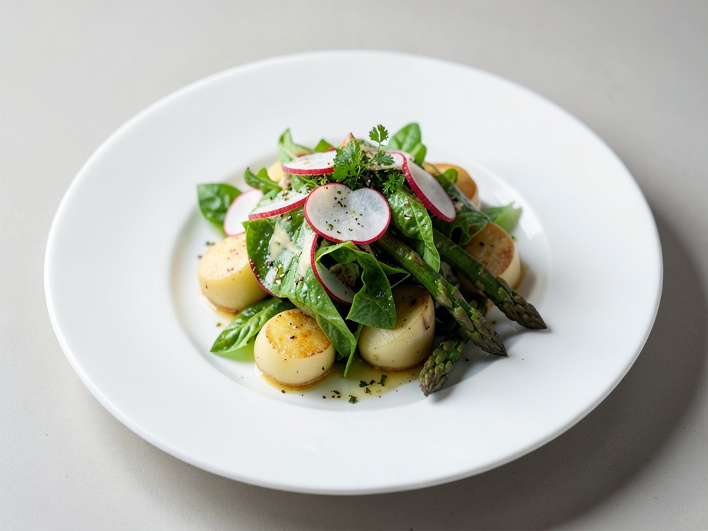 Insalata fresca di patate, ravanelli e asparagi verdi