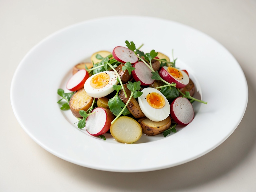 Insalata tiepida di patate e ravanelli con uova alla coque