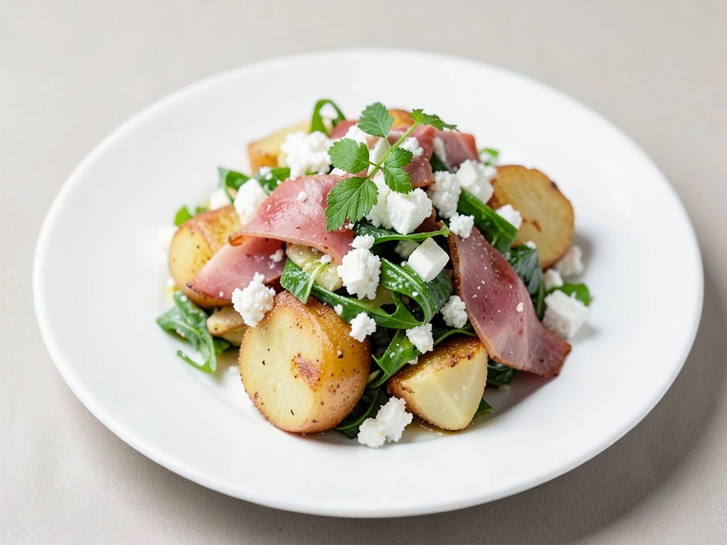 Insalata di patate croccanti con prosciutto e feta