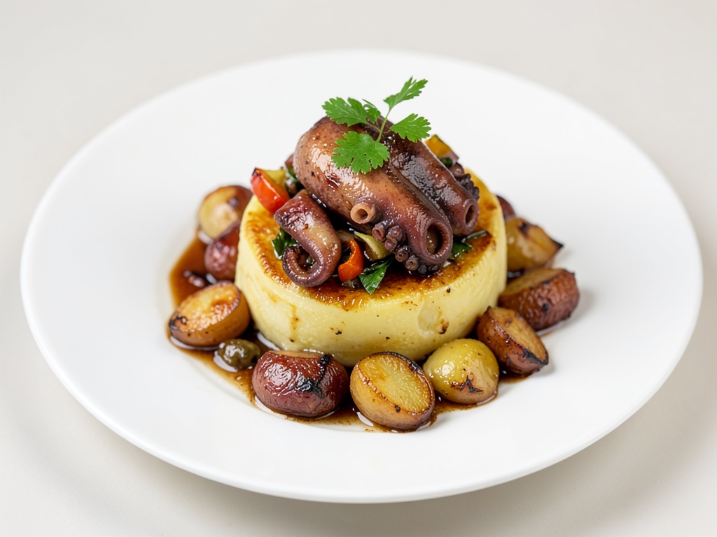 Piovtra in corona di patate con verdure caramellate