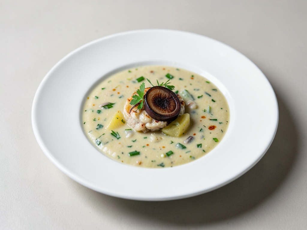 Zuppa cremosa di patate e sedano con anguilla affumicata